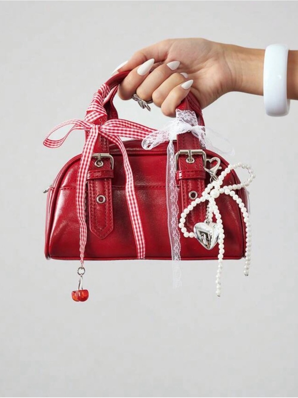 ROMWE Red Mini Top-Handle Bag with Ribbon and Pearl Heart Charms